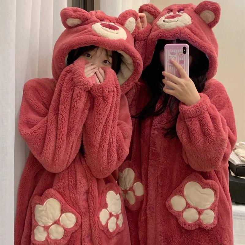 오로니 곰돌이 캐릭터 후드 극세사 수면 원피스 잠옷 겨울 긴팔 빅사이즈 기모 동물잠옷 파자마