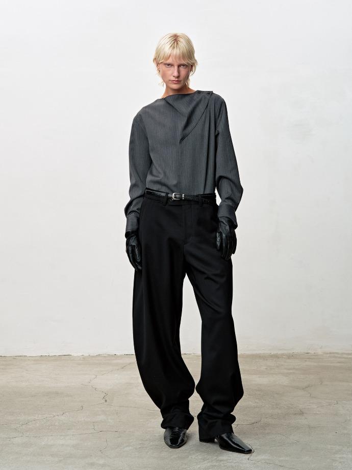 (W) HERRINGBONE WOOL COWL-NECK BLOUSE_ MID-GREY HERRINGBONE