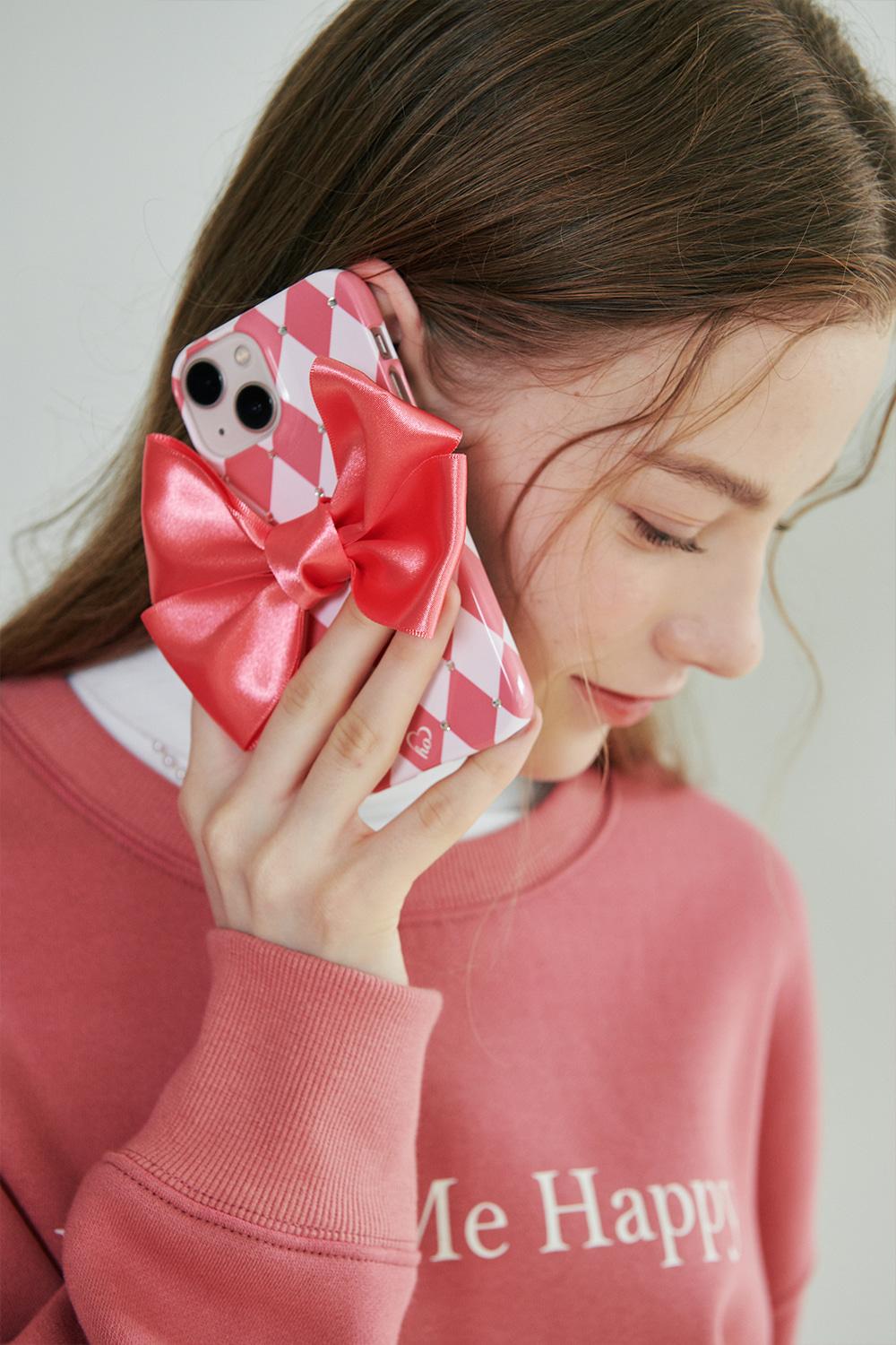 Ribbon Checkerboard Phone Case - ROSE PINK