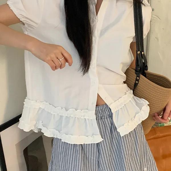 [국내제작/예뻐요!] 클럼비 프릴 반팔 블라우스