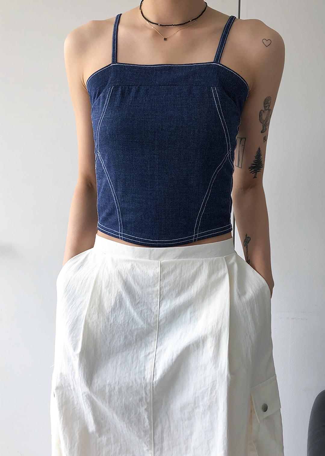 stitch denim sleeveless 2 color