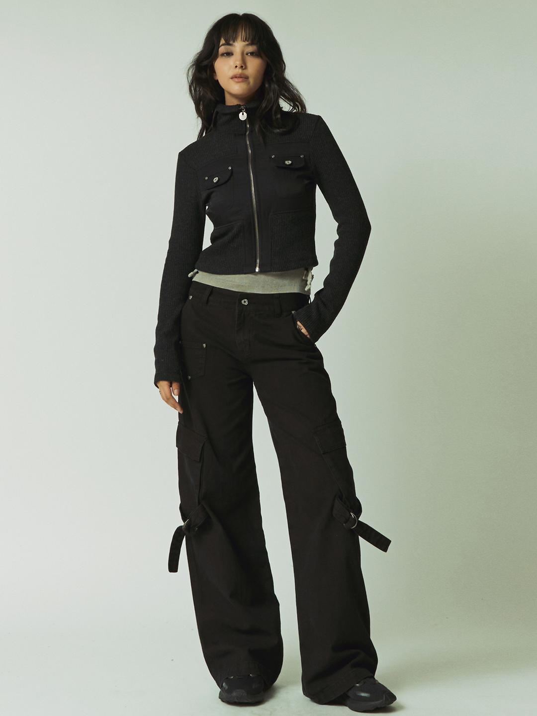 크로스 카고 배색 가디건 - 차콜