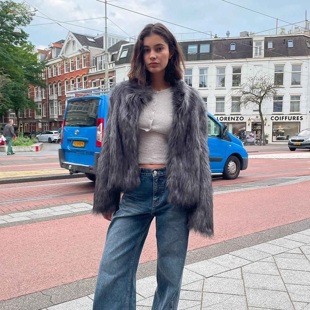 FUR COLLAR JACKET, KHAKI GRAY