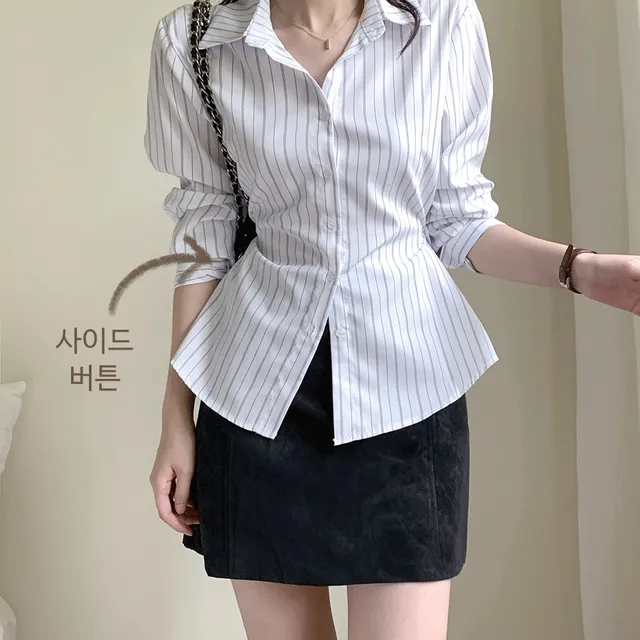 [몸매보정핏💗] 엔조 가을 봄 투웨이 사이드 버튼 카라 스트라이프 셔츠 하객룩