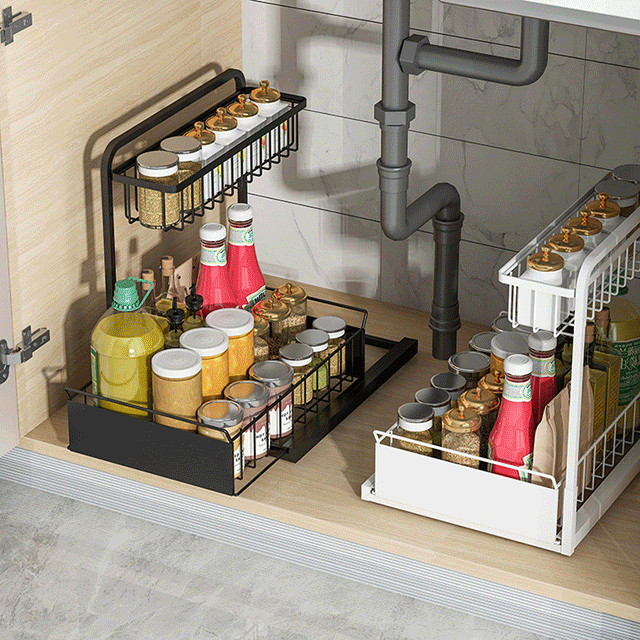 주방 싱크대 하부장 슬라이딩 양념통 정리 수납 2단 선반