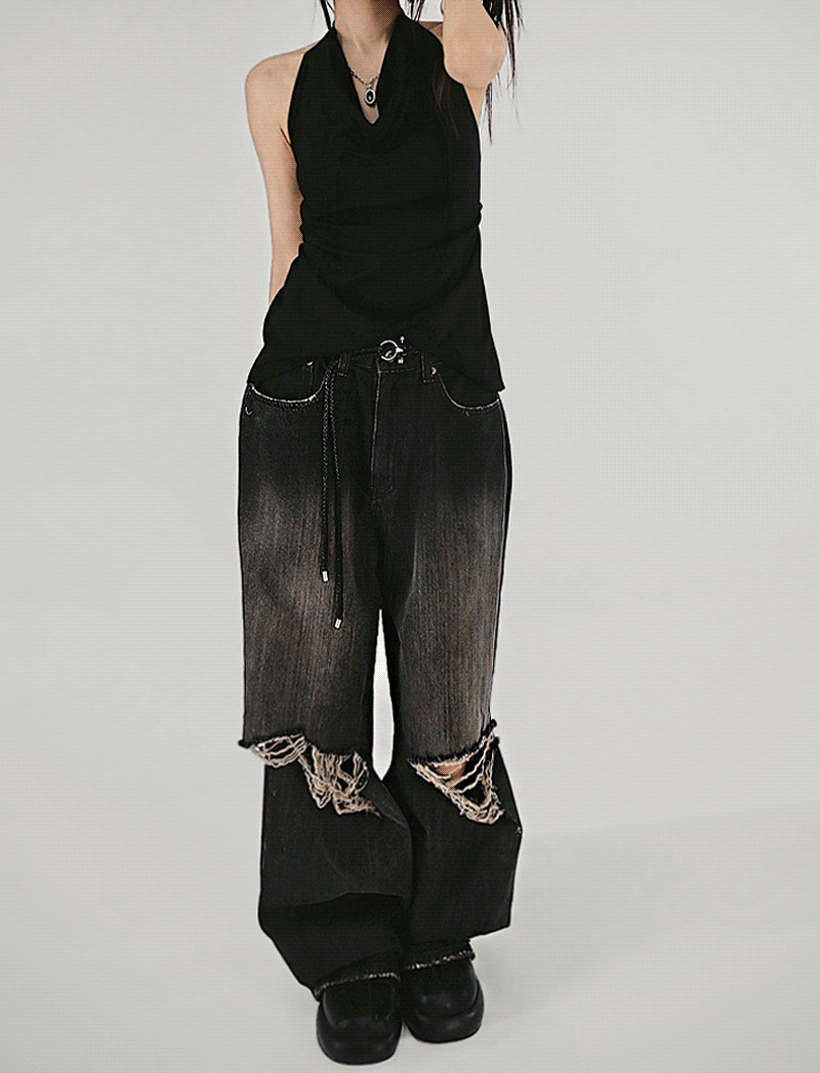 BLACK TONE DARK VINTAGE DAMAGE WIDE DENIM 블랙톤 다크 빈티지 구제 데미지 와이드데님