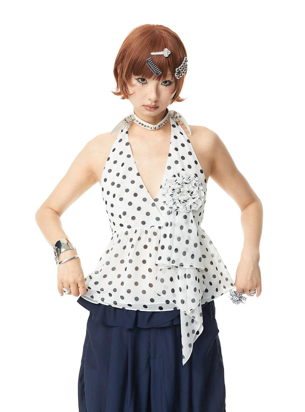 Voile Dot Flower Halter Top (2color)