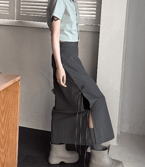 리본 사이드 포인트 뒷밴딩 롱 스커트(3colors)