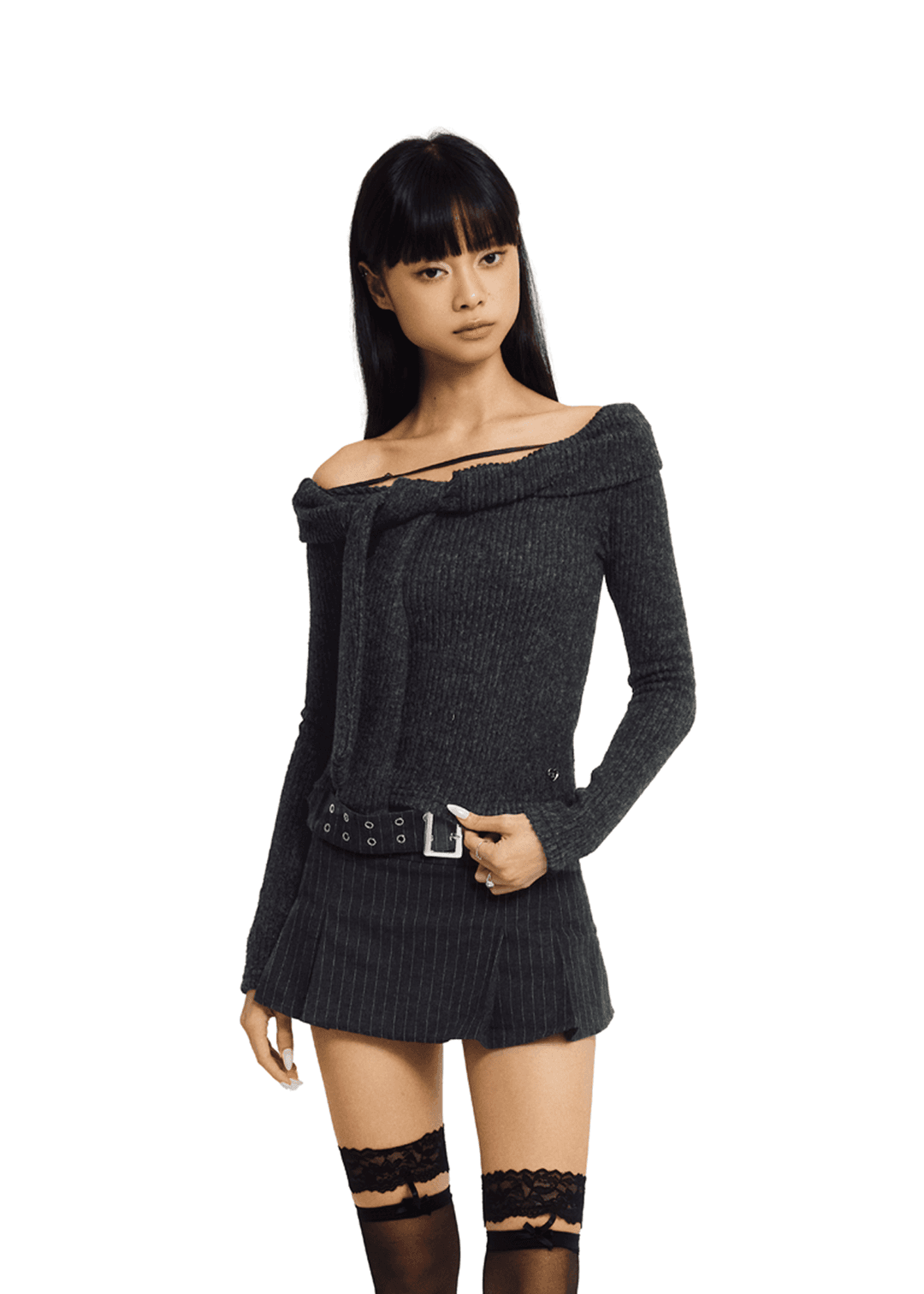 HUG ME OFF-SHOULDER KNIT [CHARCOAL]