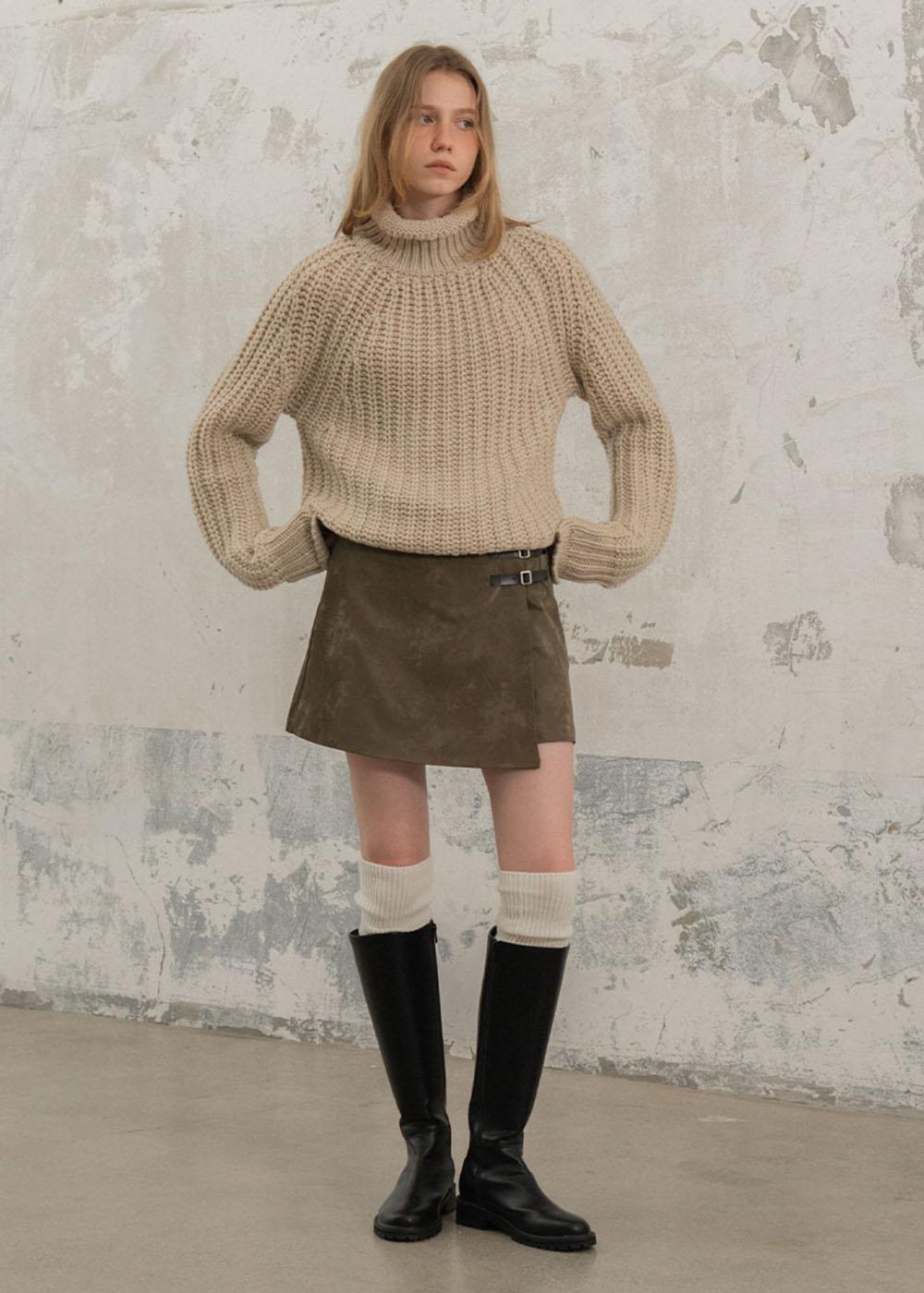 Leather Wrap Skirt Pants (Khaki)