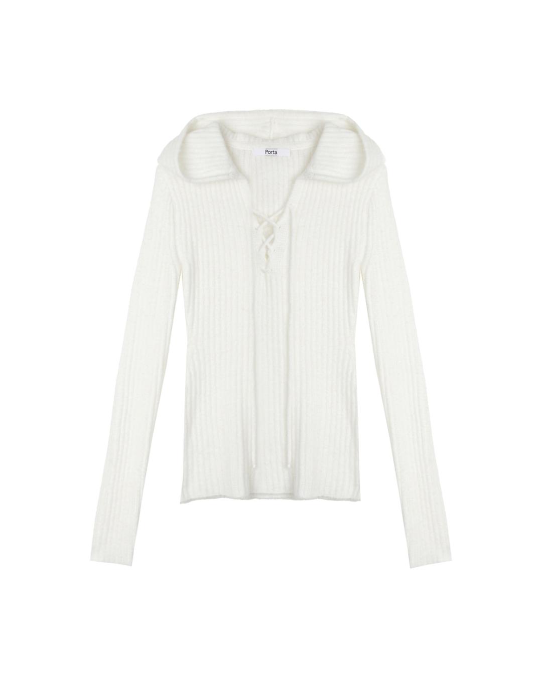 RIBBED EYELET HOODED KNIT, IVORY