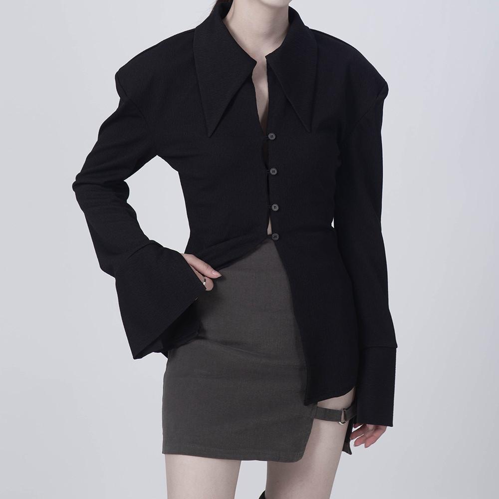 빅카라블라우스 와이드숄더 트임 어깨패드 커프스셔츠