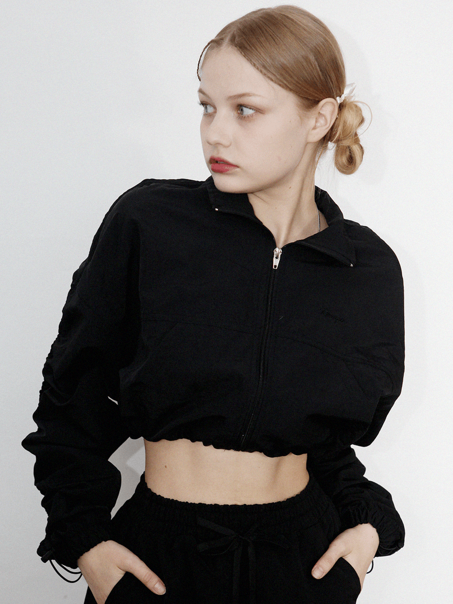 Shirring nylon zip-up (black)