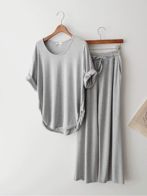 심플 무지 데일리SET/ 힙라인 살짝 가려주는 찰랑 U넥 옆트임 루즈핏 반팔 티셔츠 일자바지 밴딩팬츠 투피스 썸머 꾸안꾸 캐주얼 추리닝 세트