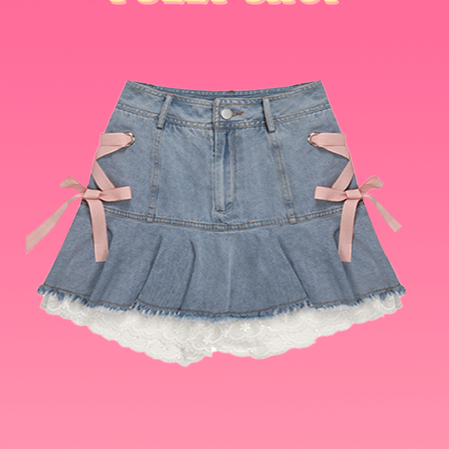[당일배송] 플리츠 데님 미니스커트 레이스포인트 청치마 하이틴무드 핑크리본 아이돌패션