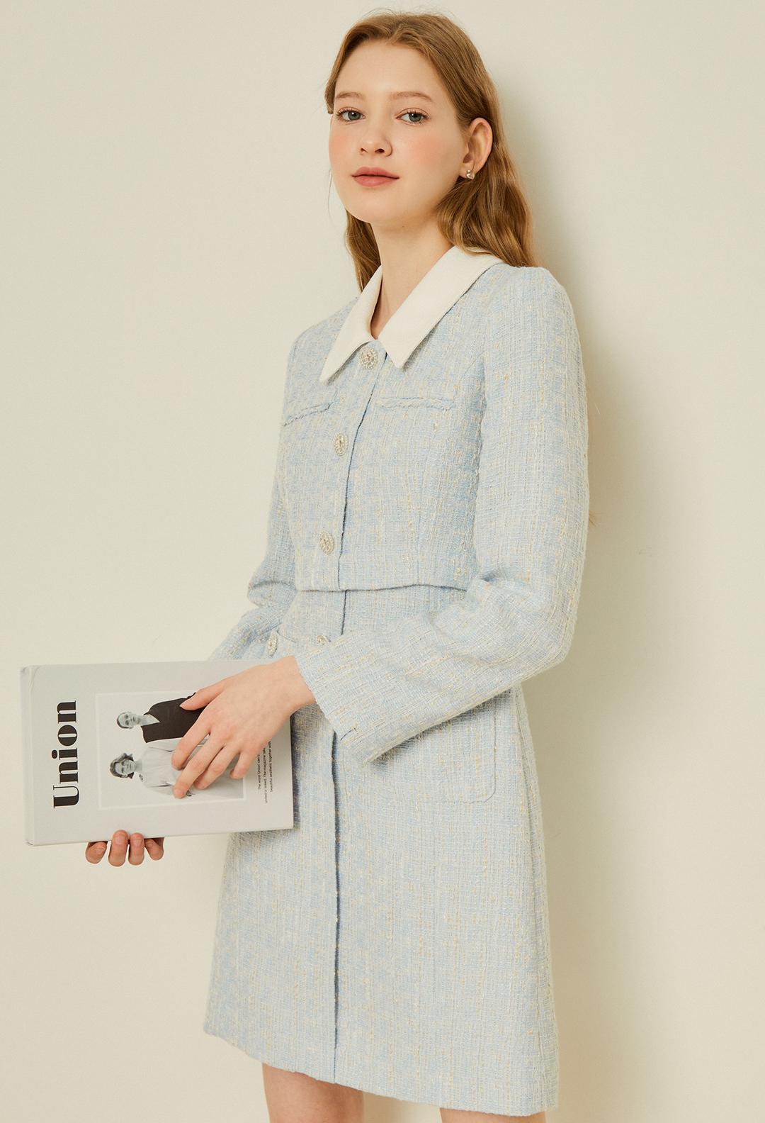 배색 칼라 트위드 원피스 (SKY)