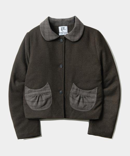 미니멀 체크 배색 포인트 윈터 세미 크롭 리스트 오버핏 자켓 [브라운]