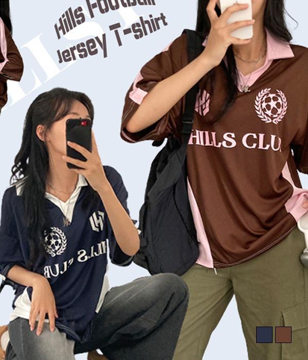 [무료배송] 스포티한, 힐스 풋볼 져지 브이넥 루즈핏 카라 반팔 티셔츠