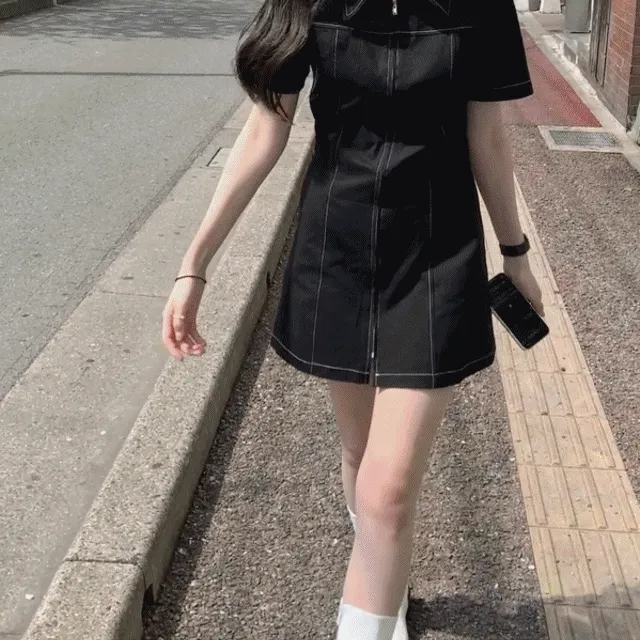 [봄신상] 스티치 카라 반팔 미니 원피스 (2color)