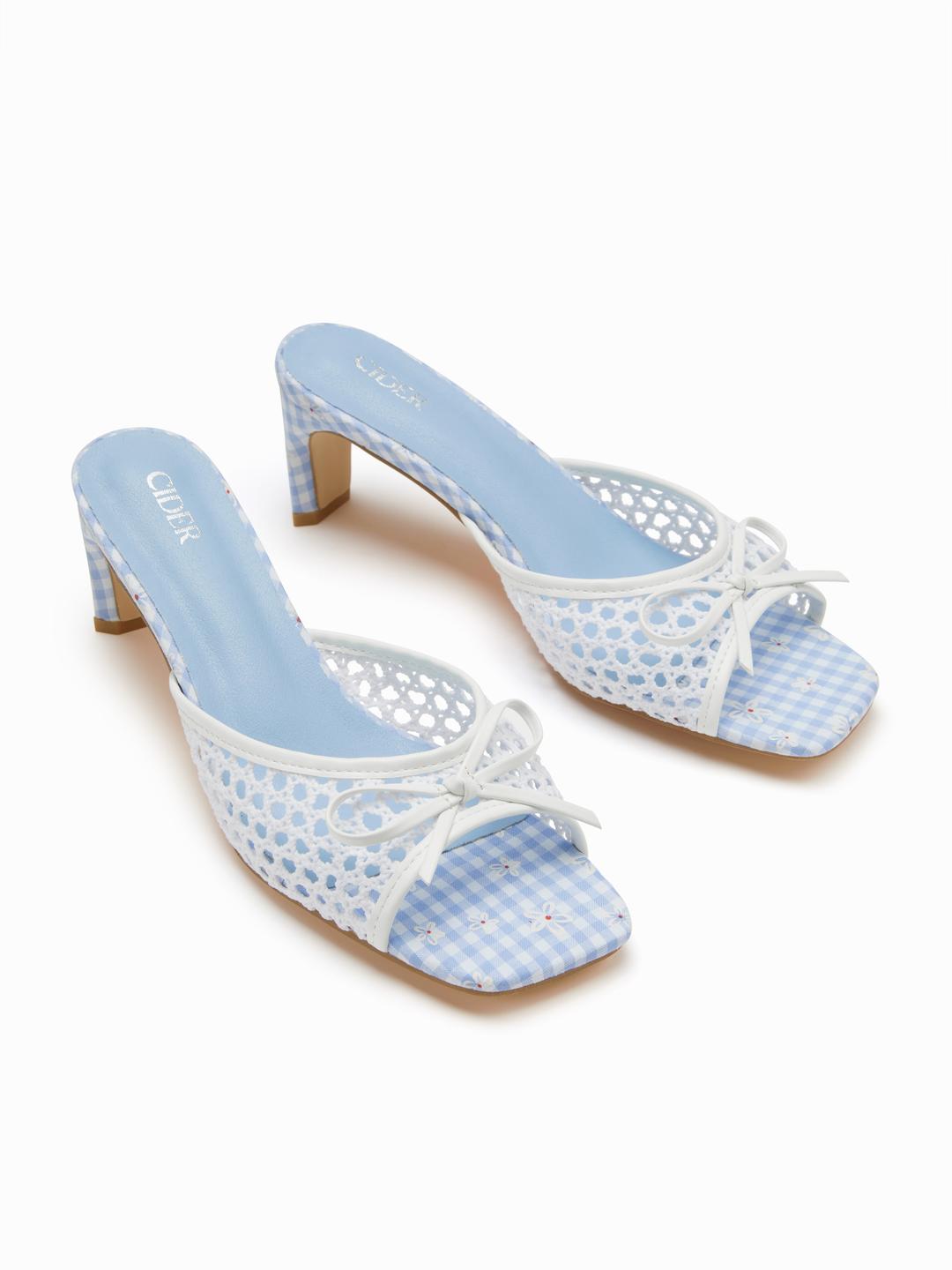 FLOWER & PLAID & BOWKNOT WOVEN HEELED SANDALS