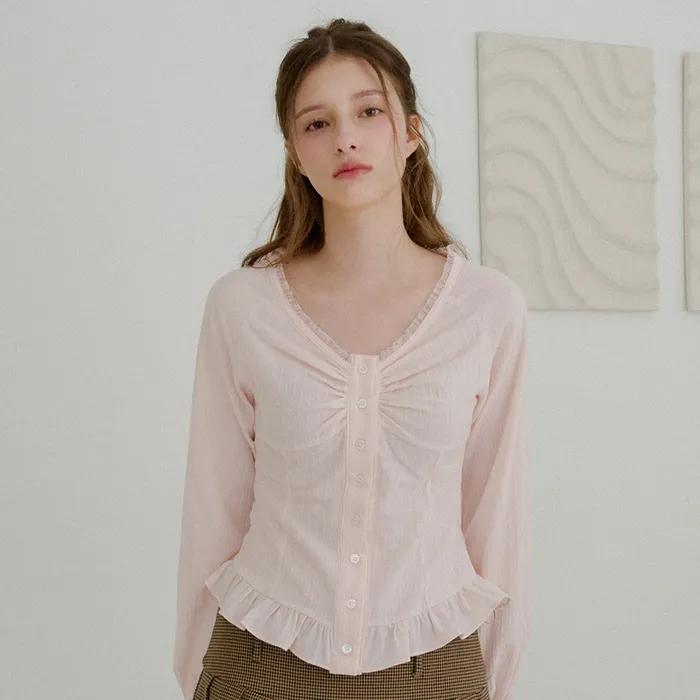 레이지 프릴 셔링 블라우스 ( 핑크 )