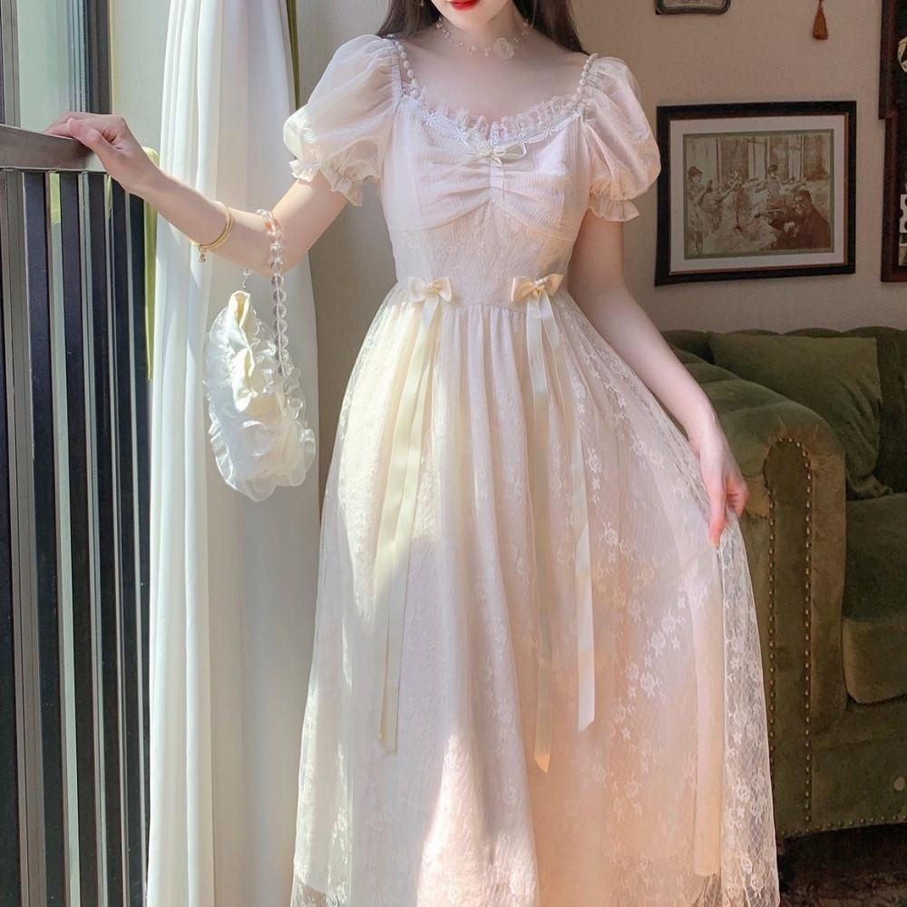 중세시대 공주풍 꽃무늬 시스루 레이스 리본 드레스