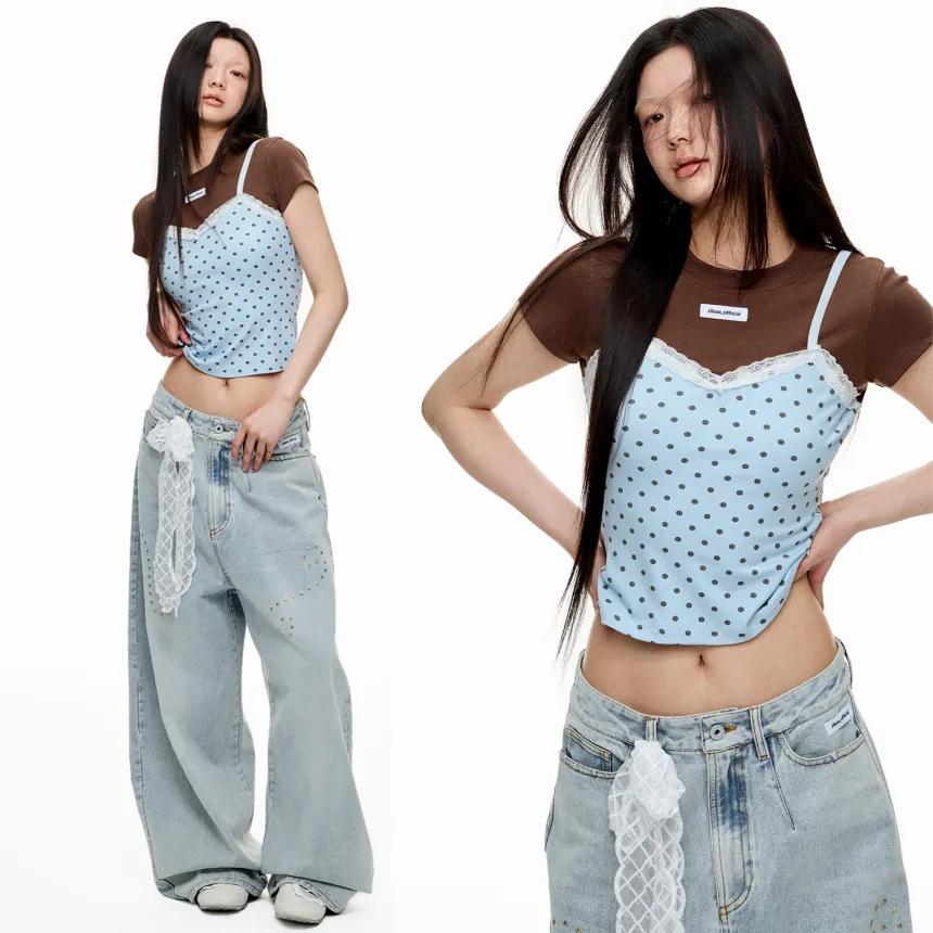 JIKOO 티셔츠 물방울 무늬 레이스 페이크 투피스 슬림핏 숏 반팔