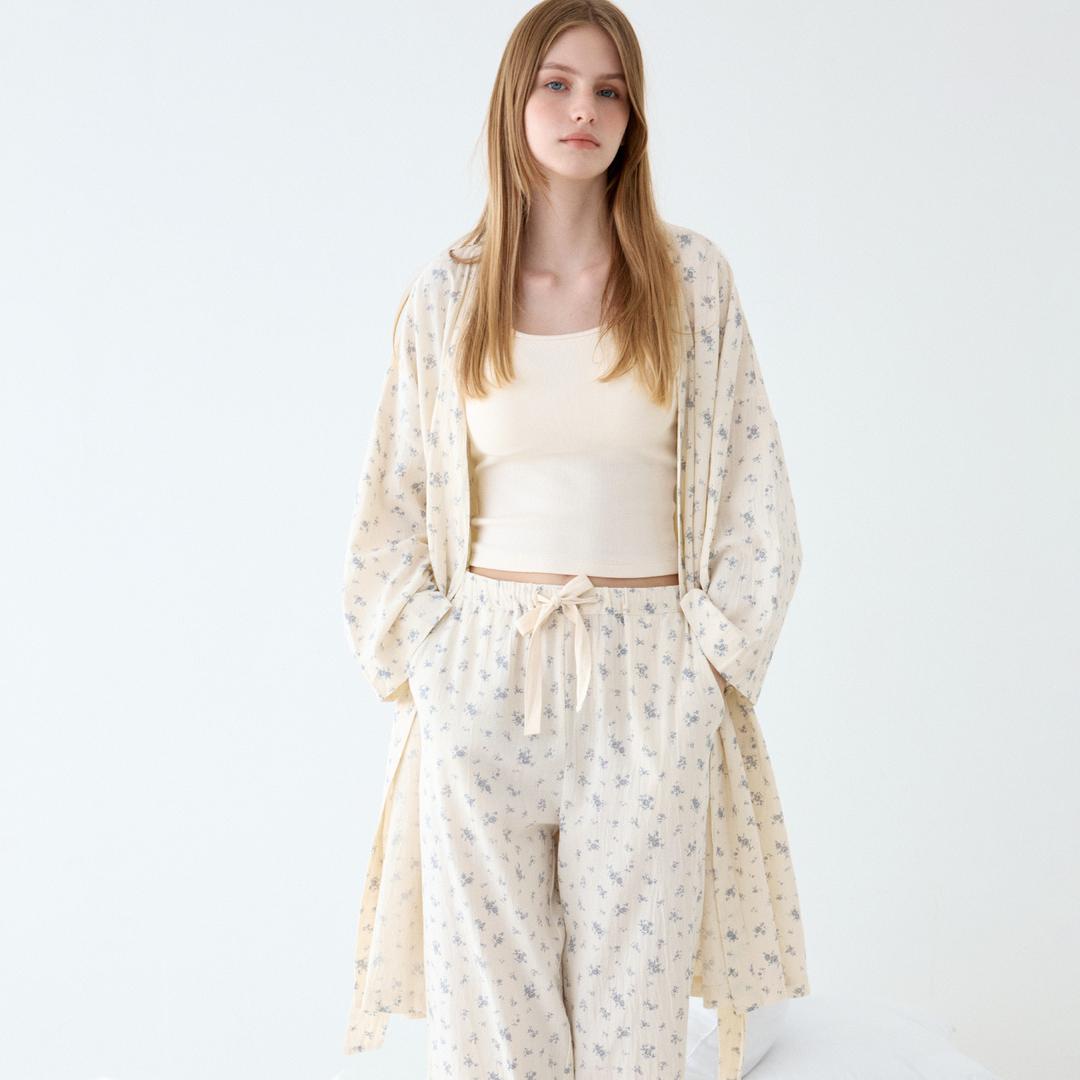 로엘 플라워 로브 나이트 가운 여성 잠옷 세트 파자마 긴팔 긴바지