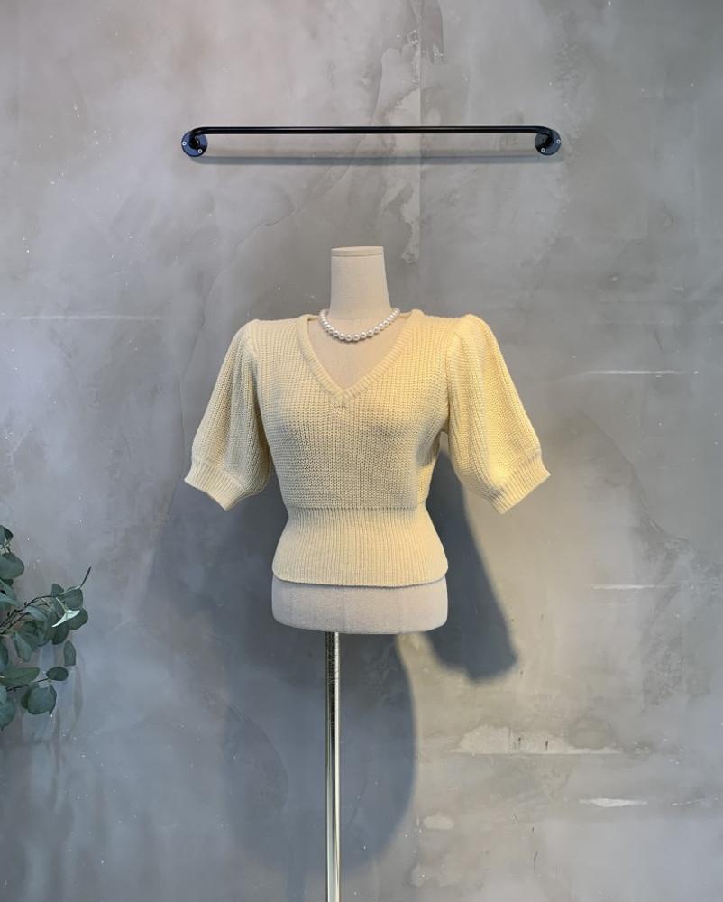 (신상,무료배송)퍼니 브이넥 퍼프 반팔 크롭 니트 4color C