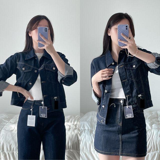 [청청/3ps] 이염 없는 생지 논페이드 데님 세트 자켓 스커트 팬츠 - 중청 진청