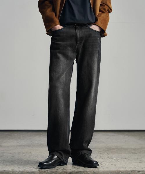 세미 와이드 데님 팬츠 [WASHED VINTAGE BLACK]