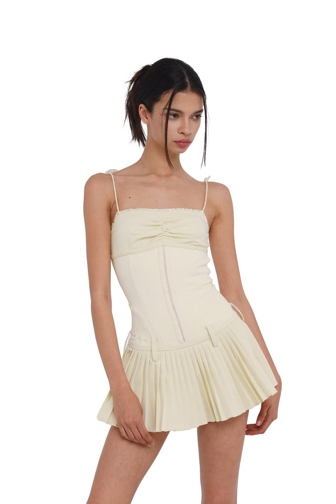 DROP-WAIST PLEATED MINI DRESS - XS / CREAM