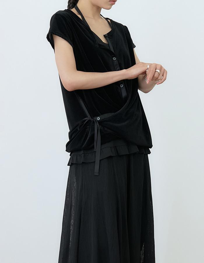 courbui) ribbon detail cardigan (black velvet)