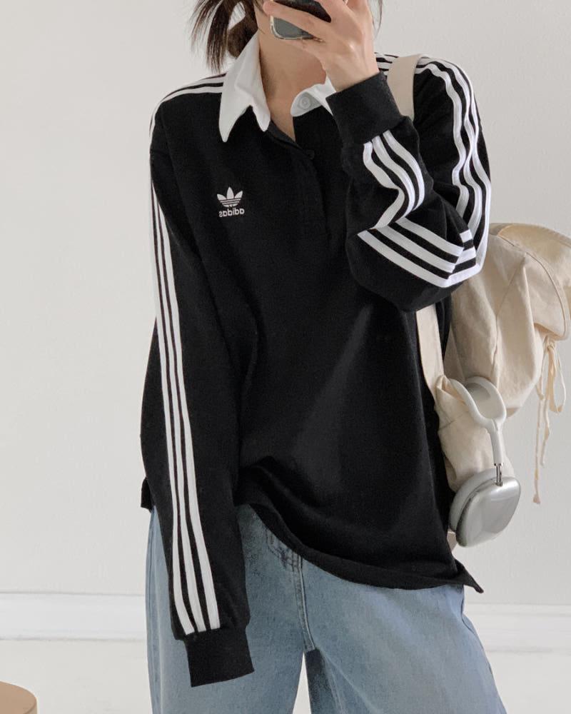 아디다스 남녀공용 오리지널 삼선 블랙 럭비 카라 긴팔티