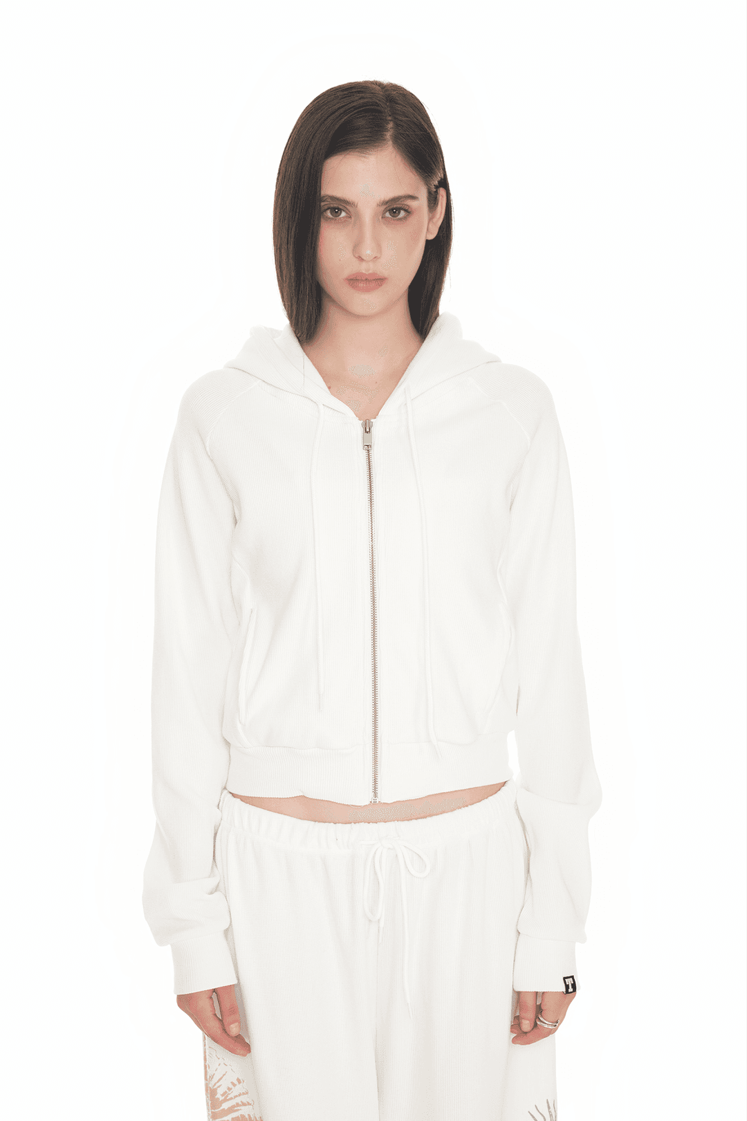 BASIC CROP WAFFLE ZIP-UP HOODIE (WHITE)