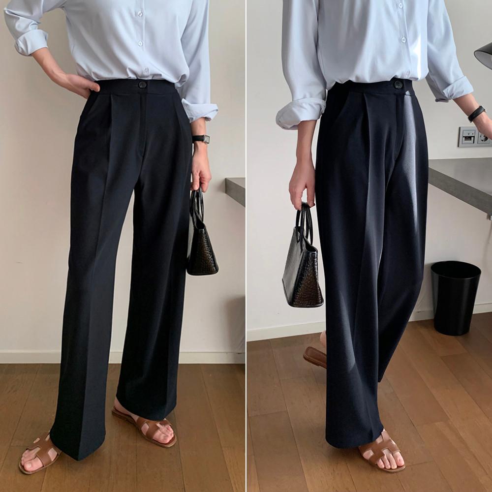 하이웨스트 밴딩슬랙스 핀턱 정장 밴딩 와이드팬츠 여성기모바지 겨울 여자슬랙스 통바지 블랙 베이지