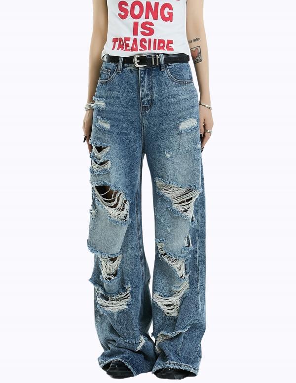 립트 스트레이트 하드 데미지 데님 팬츠