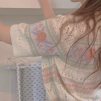 빈티지 로즈 플라워 꽃 러블리 봄 봄옷 펀칭 미니 반팔 니트