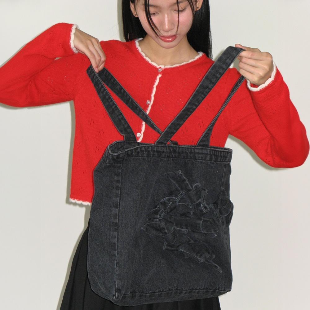 RIBBON POINTED DENIM TOTE BAG BLACK