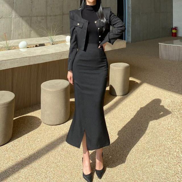 엘렌 자켓 슬릿 스커트 셋업 ( 하객룩 패드 머메이드 롱 트임 크롭 숏 포켓 결혼식 )