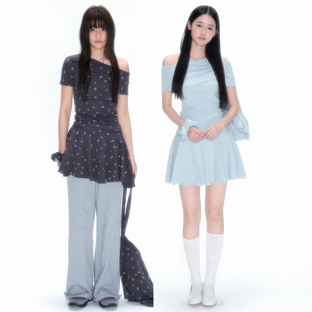 NECY STUDIO 원피스 러브락 풀프린트 오프숄더 디자인 반팔 원피스