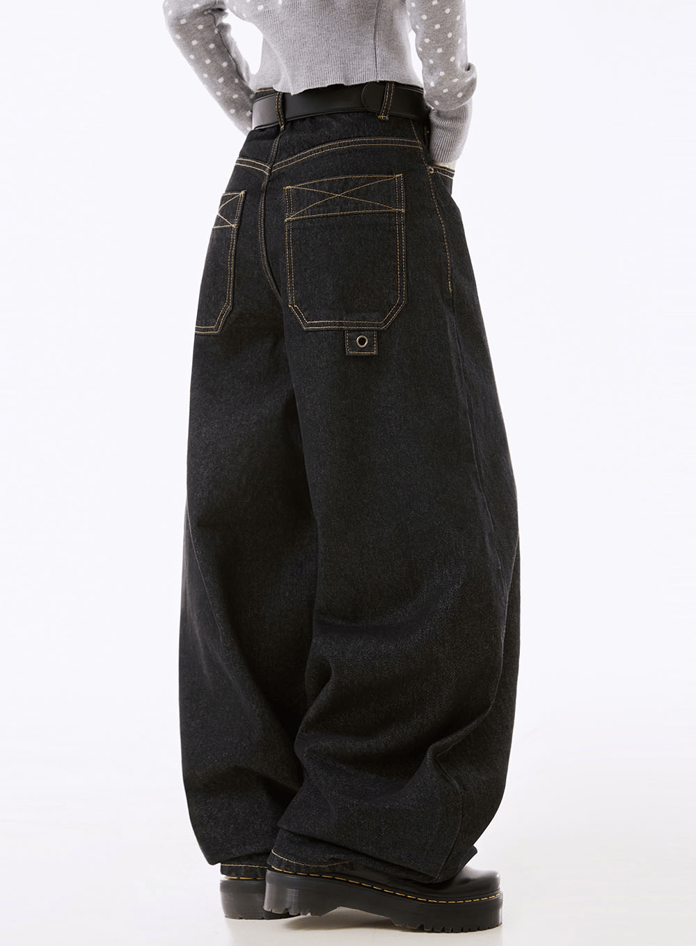 듀브 스티치 생지 벌룬와이드 데님팬츠 (논페이드)
