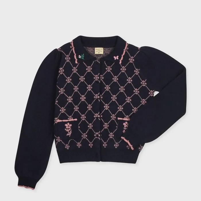 NAT cardigan flower argyle embroidery collar navy
