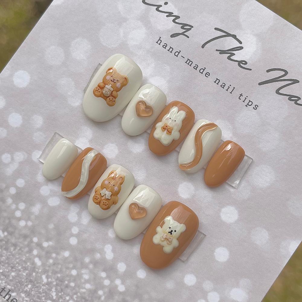 수제 네일팁 귀여운 캐러멜 쿠키 캐릭터 덩어리 붙이는 네일