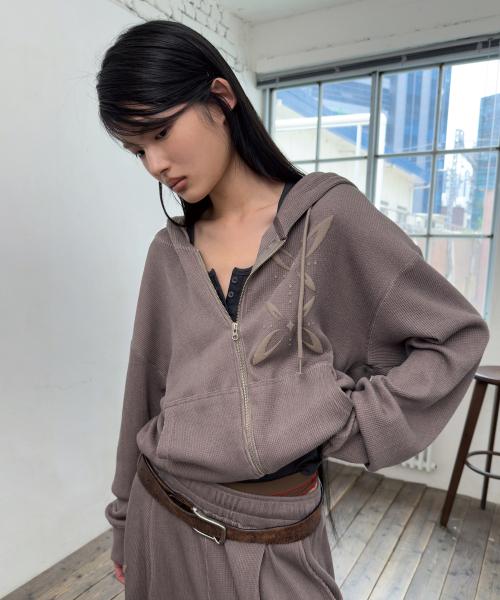 WAFFLE PIGMENT LOOSE HOOD ZIP-UP-DARK BEIGE