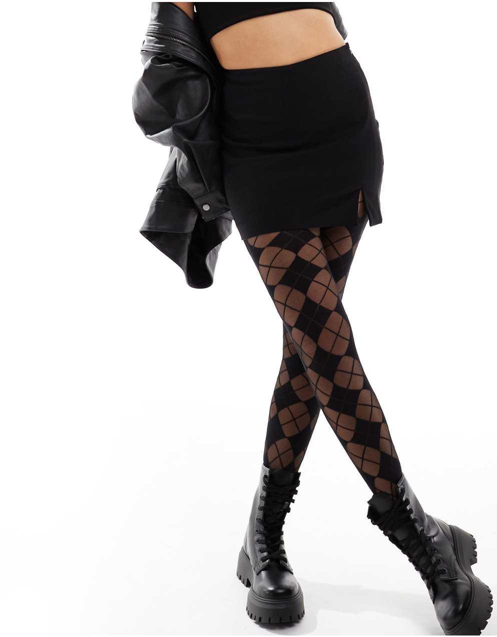 ASOS DESIGN 아가일 체크 타이츠 블랙