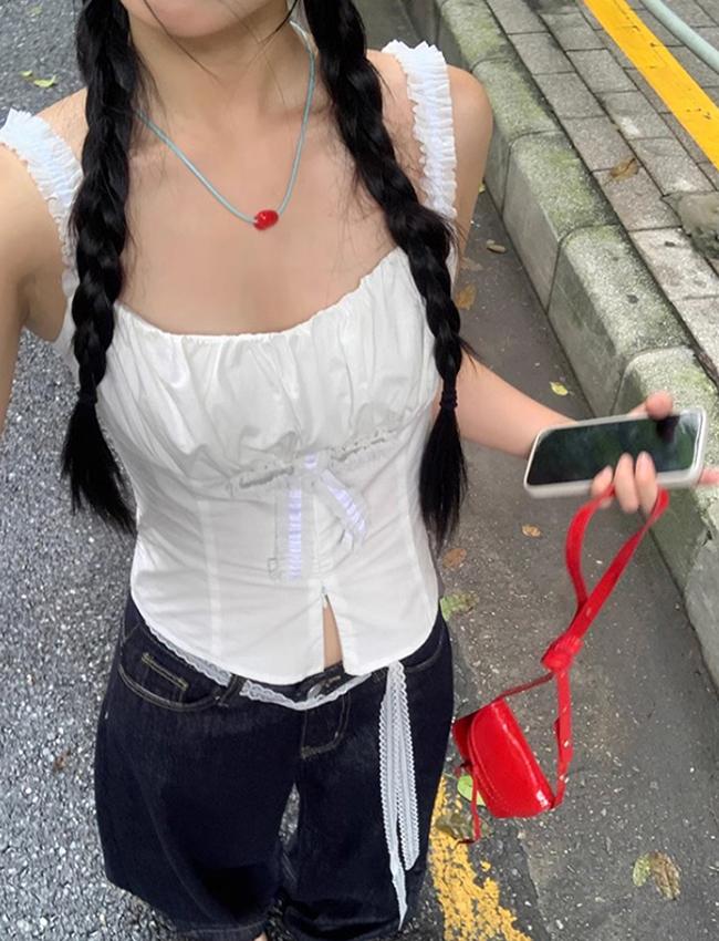 (당일/세일) 엘리 스퀘어 프릴 리본 셔링 나시블라우스(L)