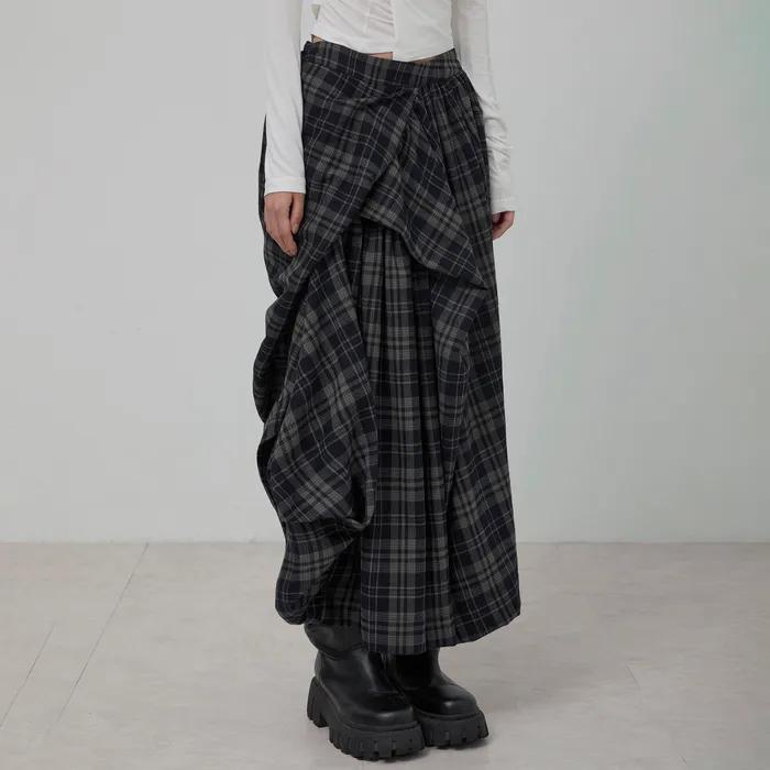 Asymmetrical Draped Layered Long Skirt (FL-256_Checked)