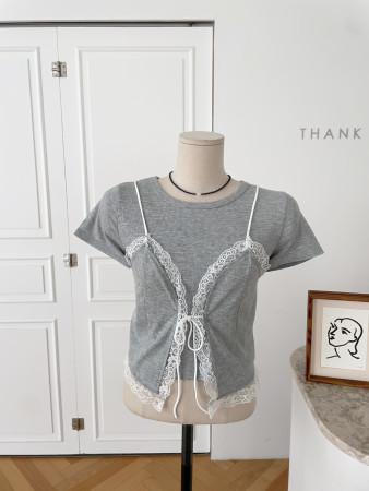 [무배]벨로페 레이스 뷔스티에 크롭 반팔 티셔츠 세트(2color)I-989