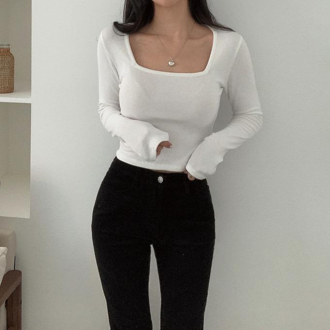 [ 딱좋은파임/포근기모 ] 코스 스퀘어넥 슬림핏 크롭 긴팔 티셔츠